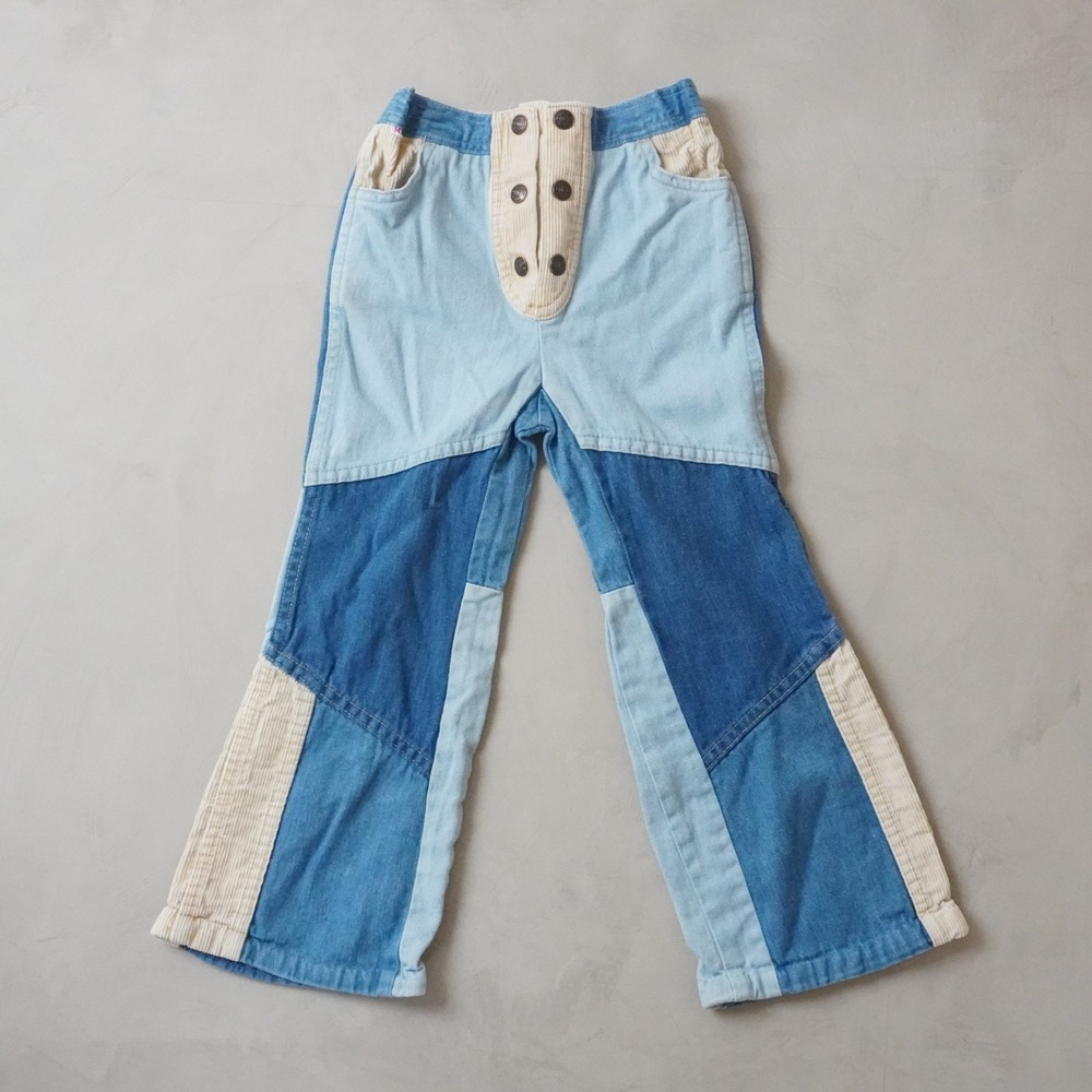Vintage Mitey Miss Patchwork Denim Corduroy Pants 6X Kids Blue Bell Bottom Boho
